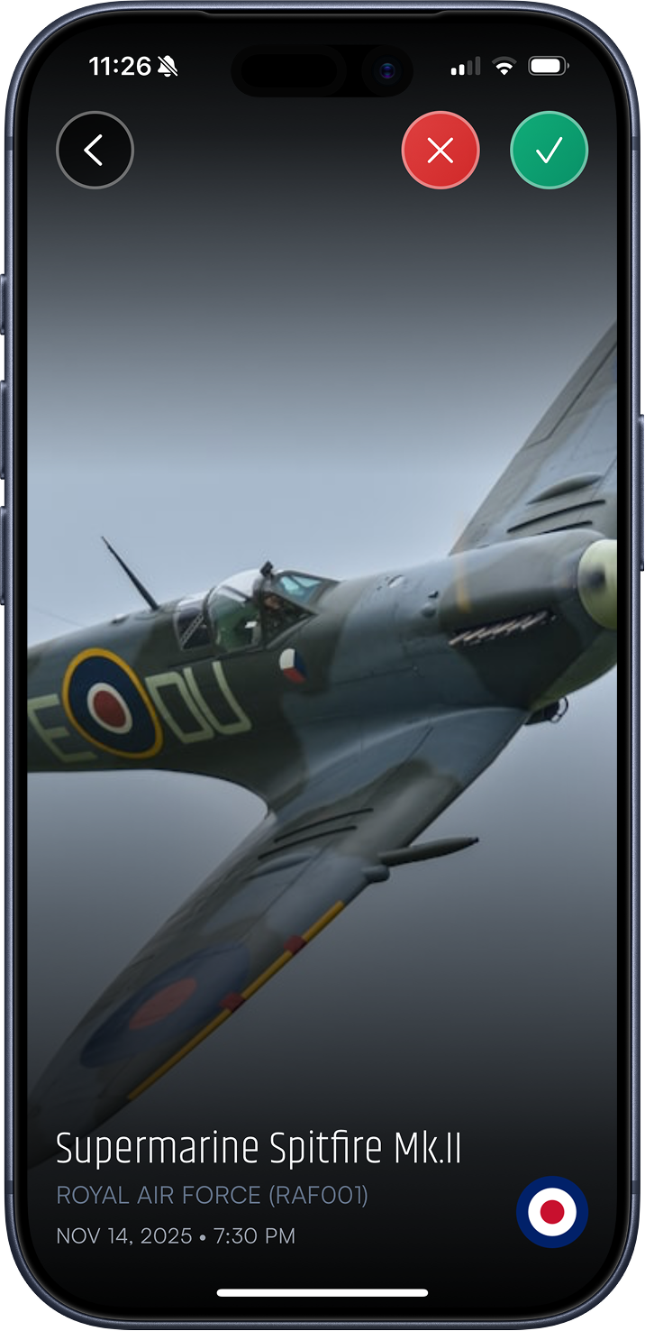 FlightCatcherPro iPhone app screenshot displaying aircraft collection and hangar management features